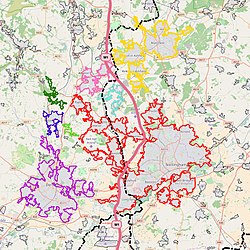 Built-up area boundaries in 2011 showing Nottingham and Derby, with near convergence of surrounding major BUAs:
Nottingham
Derby
Mansfield
Alfreton/South Normanton
Selston/Brinsley
Belper
Heage/Crich
Kilburn Nottingham-Derby-Mansfield-Alfreton-Belper-Heage-Crich-BUA-2011.jpg