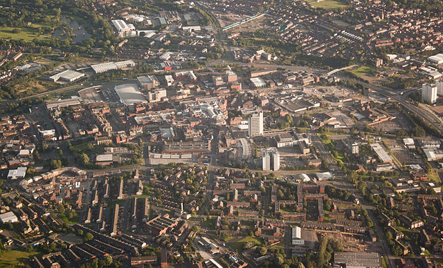 Oldham Town Centre aerial view from the north