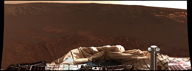 Eerste kleurenpanorama gemaakt door de Opportunity, kort na de landing (2004)