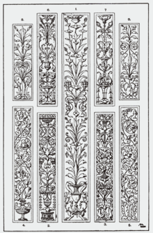 Margent decoration sculpted in plaster from Meyer's Handbook of Ornament Orna131-Pilasterschaefte.png