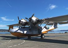 Civilian Catalina, modified for aerial firefighting, arrives at the Seaplane Base, NAS Whidbey Island, Oak Harbor, Washington, 18 September 2009 PBY Catalina NAS Whidbey Seaplane Base.jpg