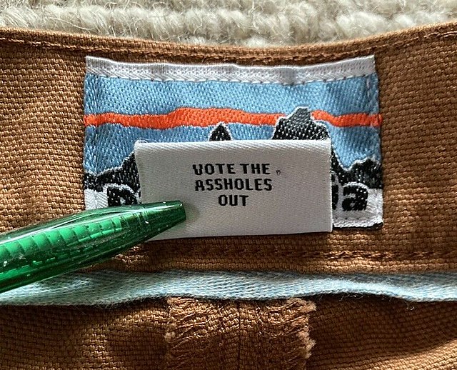 A Patagonia garment with a label saying "Vote the Assholes Out", which it featured in the lead-up to the 2020 United States elections.