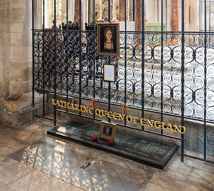The grave of Catherine of Aragon, the first wife of Henry VIII. The gold lettering is modern.