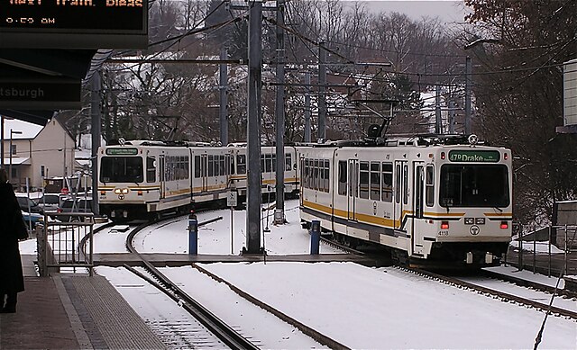 Pittsburgh Regional Transit light rail train at Washington Junction station in Bethel Park, Pennsylvania in March 2005