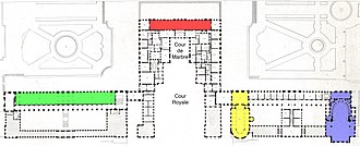 Plan of the main floor (c. 1837, with north to the right), showing the Hall of Mirrors in red, the Hall of Battles in green, the Royal Chapel in yellow, and the Royal Opera in blue