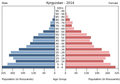 English: The population pyramid of Kyrgyzstan illustrates the age and sex structure of population and may provide insights about political and social stability, as well as economic development. The population is distributed along the horizontal axis, with males shown on the left and females on the right. The male and female populations are broken down into 5-year age groups represented as horizontal bars along the vertical axis, with the youngest age groups at the bottom and the oldest at the top. The shape of the population pyramid gradually evolves over time based on fertility, mortality, and international migration trends. Українська: Віково-статева піраміда населення Киргизстану за 2014 рік. Вона дає наочне уявлення про вікову і статеву структура населення країни, може слугувати джерелом інформації про політичну і соціальну стабільність, економічний розвиток. Блакитними кольорами ліворуч, у вигляді горизонтальних смуг показані вікові групи (з кроком 5 років кожна) чоловічої статі, праворуч рожевими — жіночої. Наймолодші вікові групи — внизу, найстаріші — вгорі. Форма піраміди поступово еволюціонує з плином часу під впливом чинників народжуваності, смертності і світової міграції.