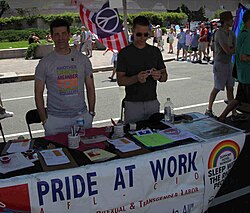 Pride at Work members distribute literature and educate the public about union organizing campaigns affecting LGBTQ workers at the Capital Pride street festival in Washington, D.C., on June 14, 2009. PrideatWork DCCapitalPride 2009.JPG