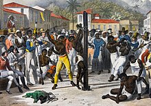 Public lashing of Negroes in Santa Ana Square c. 1830, by Rugendas. Public punishment in Santa Ana Square (detail).jpg