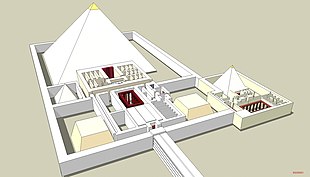 Reconstruction of the Old Kingdom pyramid temple of Djedkare Isesi, with causeway leading out to the valley temple. Twenty-fourth century BC. Pyramide Djedkare Isesi 3.jpg