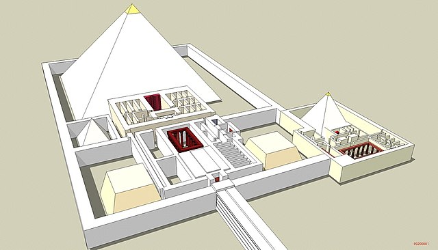 Reconstruction of the Old Kingdom pyramid temple of Djedkare Isesi, with causeway leading out to the valley temple. Twenty-fourth century BC.