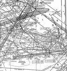 1944 Navigation chart showing RCAF Dunnville and surrounding area.  North is up, Lake Erie at bottom.[2]