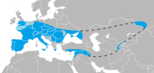 Dải phân bố của Homo neanderthalensis. Các dải phía bắc và tây có thể kéo dài đến Okladnikov ở Altay và Mamotnaia ở Ural