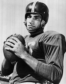 Black and white photo of Rick Casares in Florida Gators jersey and helmet (c. 1953).