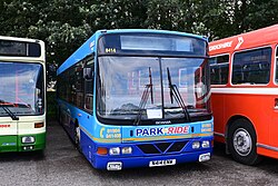 Preserved Rider York's Park & Ride branded 8414, a 1995 Scania L113CRL Wright Axcess-Ultralow is seen on display at the 2023 Big Bus and Truck Show in Whitley, North Yorkshire.