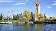 The Great Northern clock tower and U.S. Pavilion in Riverfront Park Riverfront Park (19039966728).jpg