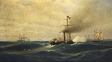 Painting of Meteor in battle with Bouvet Robert Parlow, Meteor vs. Bouvet, 1892.jpg