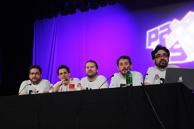 Rooster Teeth founders Burnie Burns, Joel Heyman, Matt Hullum, Geoff Ramsey, and Gus Sorola at PAX 2009