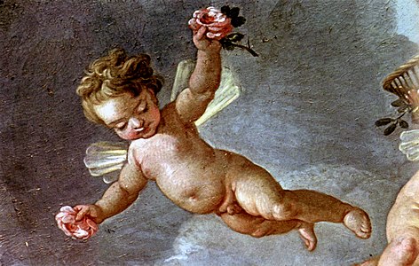 A putto pelts the assembled company below with roses.