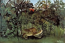 Henri Rousseau schilderij, De hongerige leeuw werpt zichzelf op de antilope uit 1905