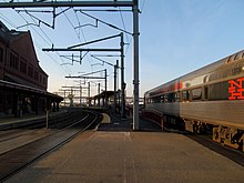 A weekend Shore Line East train arrives at New London in June 2013 SLE train on Track 6 at NLC.JPG