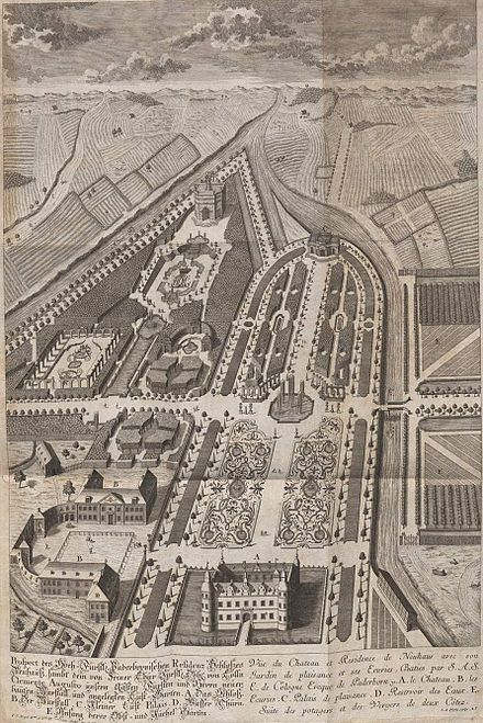 Paderborn Castle, Germany, in 1736, with its jardins de plaisance, as well as the kitchen gardens ("E") at right.
