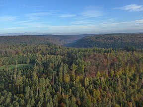 Dickenberg (vorn) und Goldersbachtal (Bildmitte)