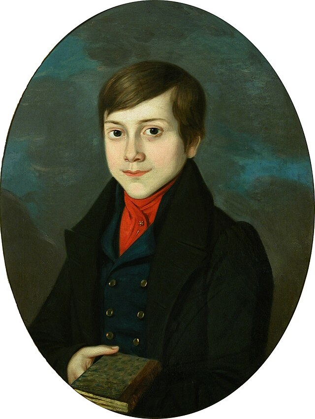 A painted portrait of a boy in a black coat and a red shirt, holding a book in his right hand.