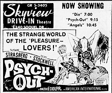 Drive-in advertisement for Psych-Out, 1968 Skyview Drive-in Ad - 15 March 1968, Santa Cruz, CA.jpg