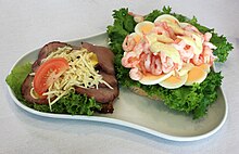 Danish Smorrebrod with eggs, shrimp and roast beef. Smorrebrod at Kastrup IMG 8275 C.JPG