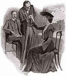 Holmes examines Violet Smith's fingers while Dr. Watson looks on, 1904 illustration by Sidney Paget Soli-01.jpg