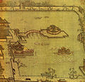 A painting of people boating in a lake. There is a small island in the center of the lake, connected to the mainland by an arched bridge. The entire lake is surrounded by a low wall.