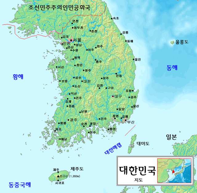 Kart over Sør-Korea.