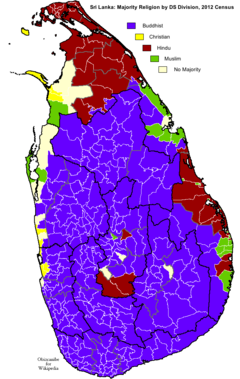 Srí Lanka vallási megoszlása. A térkép a lakosság többségének vallását jelzi.