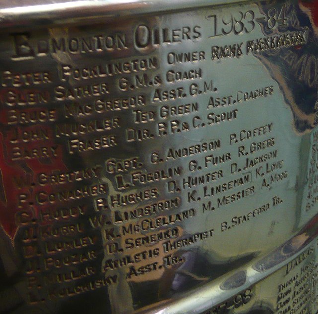Messier's name engraved on the Stanley Cup, as a part of the 1983–84 Edmonton Oilers