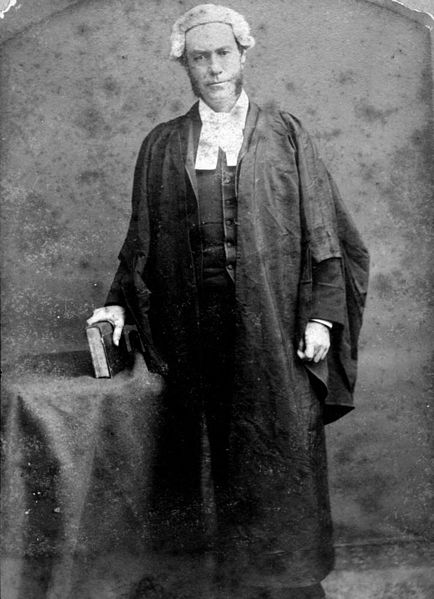 An example of court wig and gown worn by Judge George William Paul of the Colony of Queensland, 1874