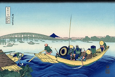 « Coucher de soleil à travers le pont de Ryōgoku depuis la rive de la Sumida à Onmayagashi » de la série des Trente-six vues du mont Fuji par Hokusai (1830).