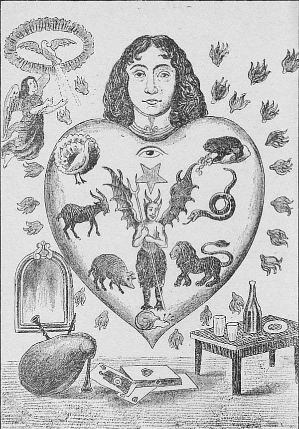 An allegorical image depicting the human heart subject to the seven deadly sins, each represented by an animal (clockwise: toad = avarice; snake = env