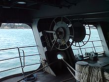 Three mooring hawsers running through fairlead on a Royal New Zealand Navy ship. Te Kaha, Under The Helicopter Deck.jpg