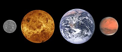 Comparative photomontage of the sizes of terrestrial planets in the Solar System (from left to right): Mercury, Venus (radar images), Earth and Mars