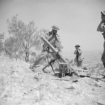 4.2-inch mortar of the 1st Battalion, Princess Louise's Kensington Regiment, British 78th Infantry Division, in action near Adrano, 6 August 1943