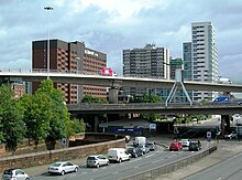 Eastern end of the Clydeside Expressway joining the urban street network at Anderston, with flyover onto the Kingston Bridge (M8) for southbound traffic The Clydeside Expressway - geograph.org.uk - 1475434.jpg