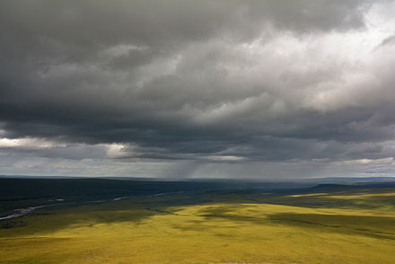 The Anaktuvuk River flows North toward the Arctic Ocean. Much of the North Slope Borough is characterized by vast, uninhabited gently rolling tundra.