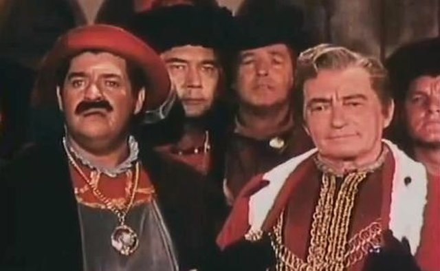 Stanley Adams (left) and Claude Rains in the television musical The Pied Piper of Hamelin, 1957