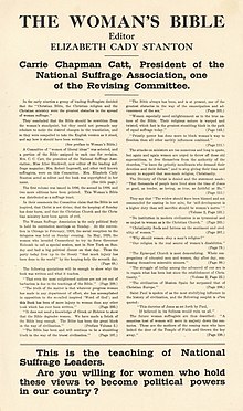 The Woman's Bible broadside, produced by Anti-suffragists to fight the ratification of the 19th Amendment to the U. S. Constitution The Woman's Bible broadside, ca 1920.jpg