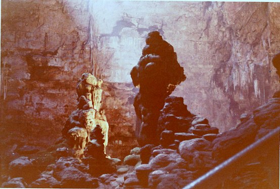 The big cavern 'la Grave' with stalagmites called the Cyclops, Castellana Caves, Puglia, Italy