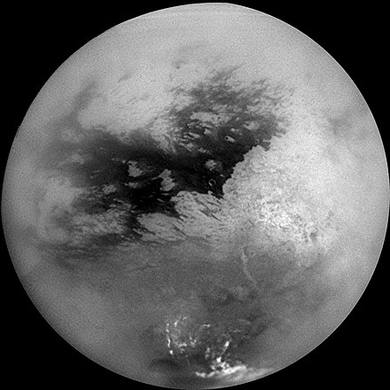 Shangri-La is the large, dark region at the center of this infrared image of Titan.