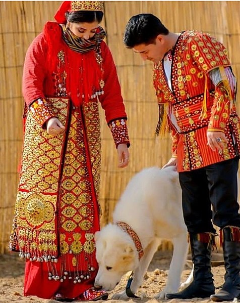 File:Traditional dressed bride and groom with Alabay dog.jpg