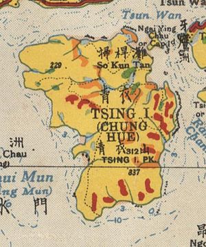 The position of Tsing Yi Peak (TSING I. PK.) on the southern Tsing Yi Island (TSING I.) (in 1936)