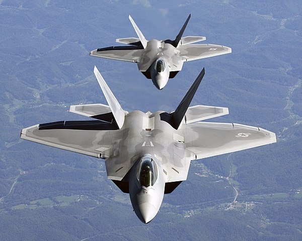 F-22 Raptor, the first U.S. operational supermaneuverable fighter aircraft. It has thrust vectoring and a thrust-to-weight ratio of 1.26 at 50% fuel.