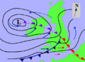 Image 15A fictitious synoptic chart of an extratropical cyclone affecting the UK and Ireland. The blue arrows between isobars indicate the direction of the wind, while the "L" symbol denotes the centre of the "low". Note the occluded, cold and warm frontal boundaries. (from Cyclone)
